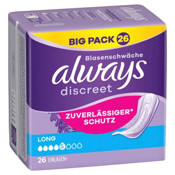 Packung Always Discreet Inkontinenzeinlagen. Lila-weißes Design. "BIG PACK 26". "ZUV. SCHUTZ". "LONG". 26 Einlagen.