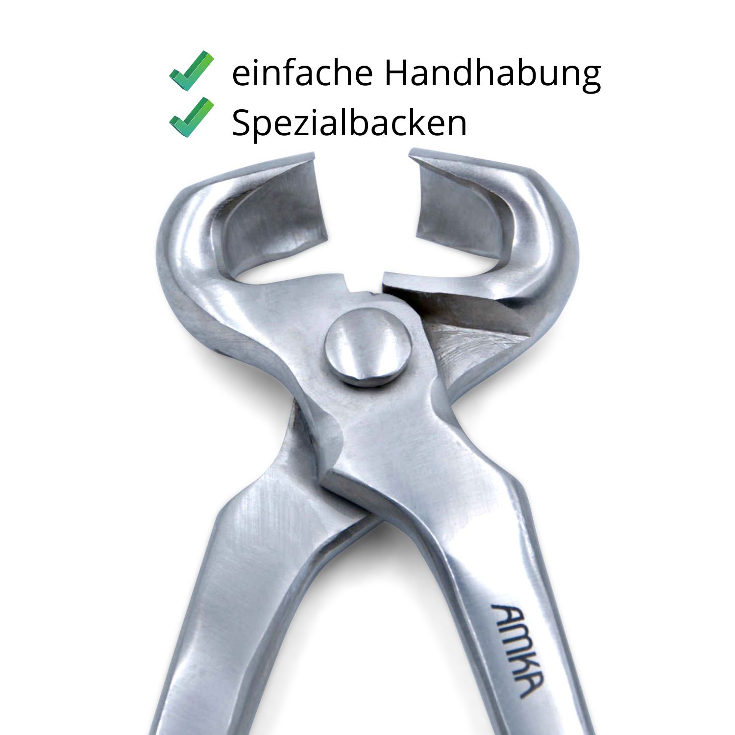 Nahaufnahme der Hufschneidezange. AMKA-Logo sichtbar. Text: einfache Handhabung, Spezialbacken.