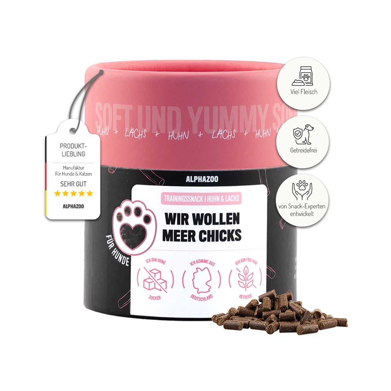 Zylindrische Dose mit Aufschrift 'Wir wollen Meer Chicks'. Enthält Trainingssnack für Hunde. Mit Produkt-Liebling-Auszeichnung.