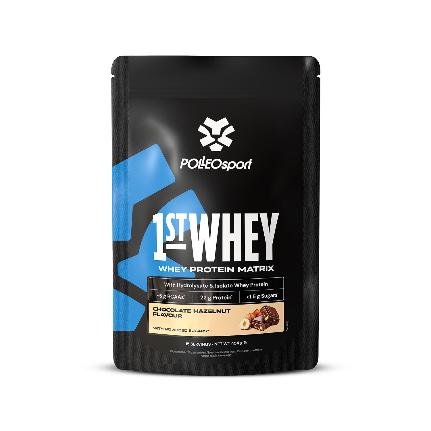 Schwarze Verpackung "1ST:WHEY" mit PolleoSport Logo. Whey Protein Matrix, Schoko-Haselnuss-Geschmack. Enthält Nährwertangaben.