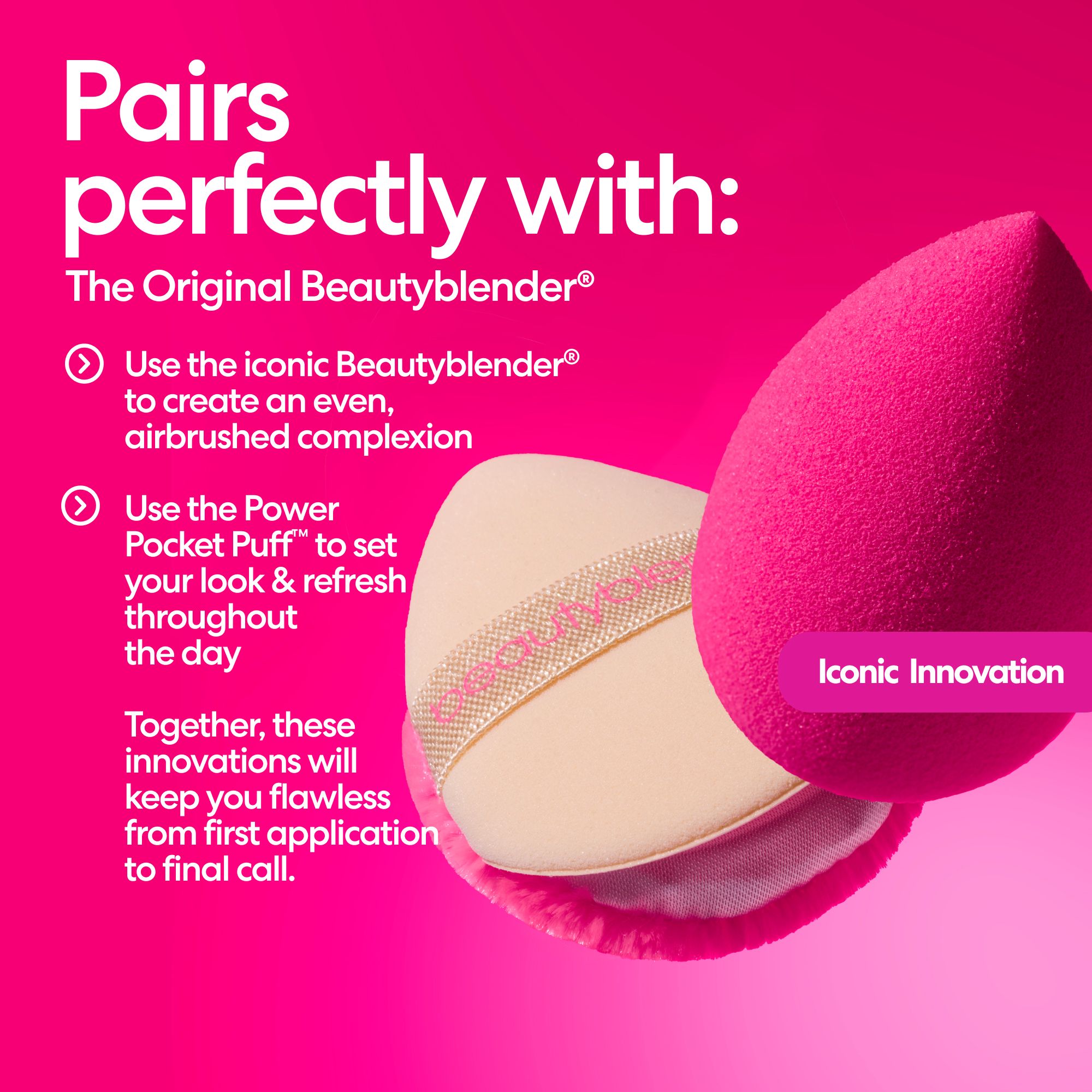 Beautyblender Power Pocket Puff neben dem Original Beautyblender. Text erklärt die Anwendung.