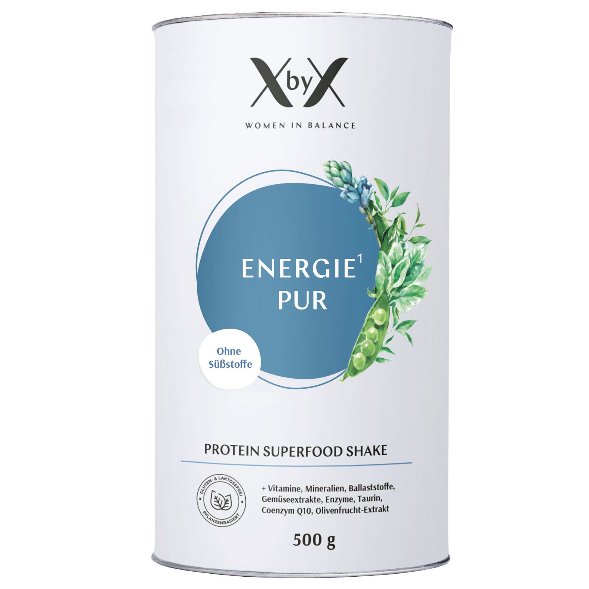 Zylinderdose mit Produktaufdruck. Aufschrift: Energie Pur, Protein Superfood Shake. Dose mit blauem Kreis und Pflanzenmotiv.