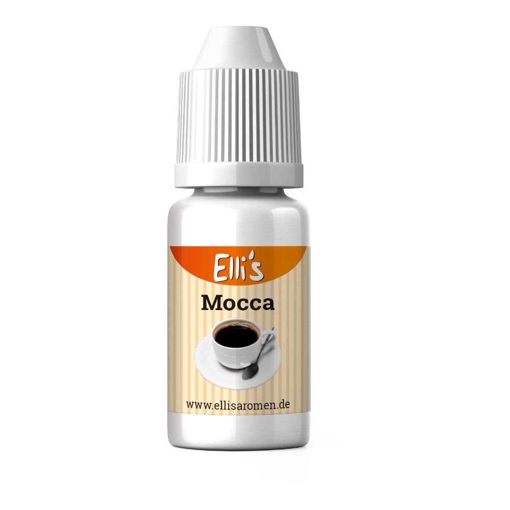 Weiße Flasche mit Schraubverschluss. Etikett mit "Elli's Mocca" und Kaffeetasse. Website-Adresse unten.