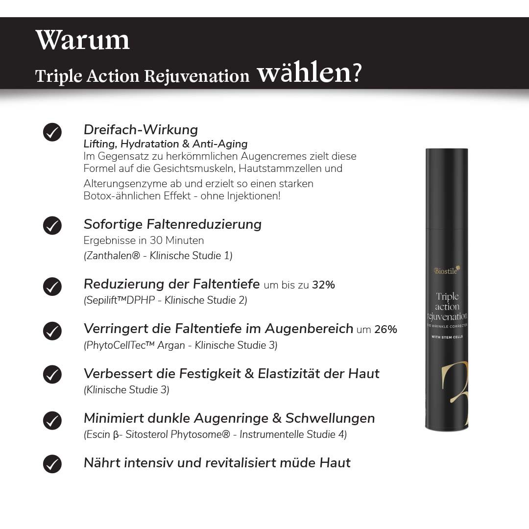 Warum Biostile Triple Action Rejuvenation wählen? Dreifach-Wirkung: Lifting, Hydratation, Anti-Aging.