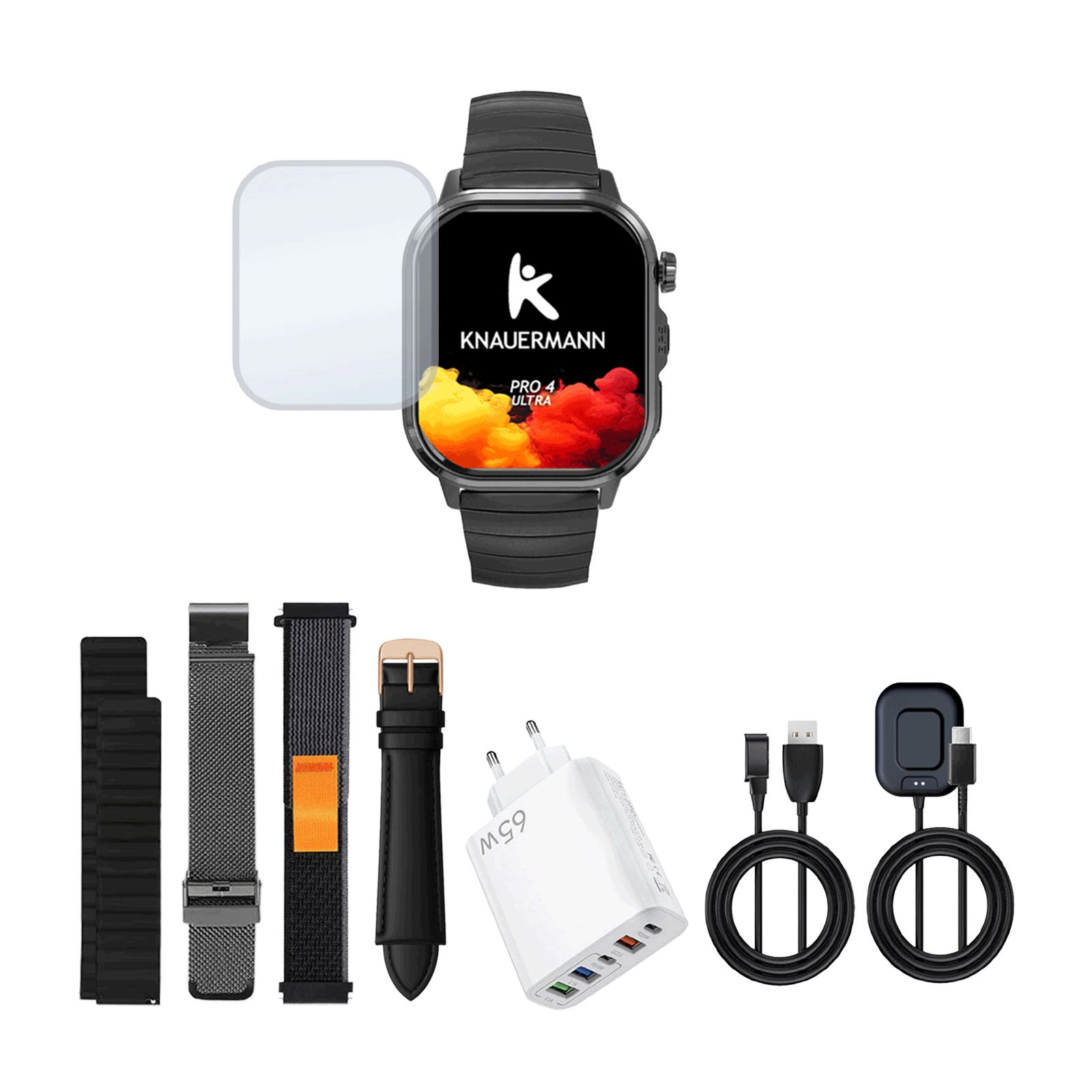 Knauermann PRO 4 Ultra Gesundheitsuhr mit Zubehör: Armbänder, Ladekabel, Netzteil und Displayschutzfolie.