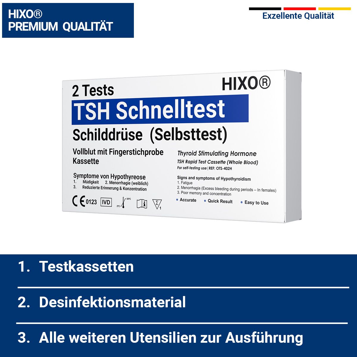 Packung mit zwei TSH Schnelltests. Aufschrift: HIXO Premium Qualität. Enthält Testkassetten und Zubehör.