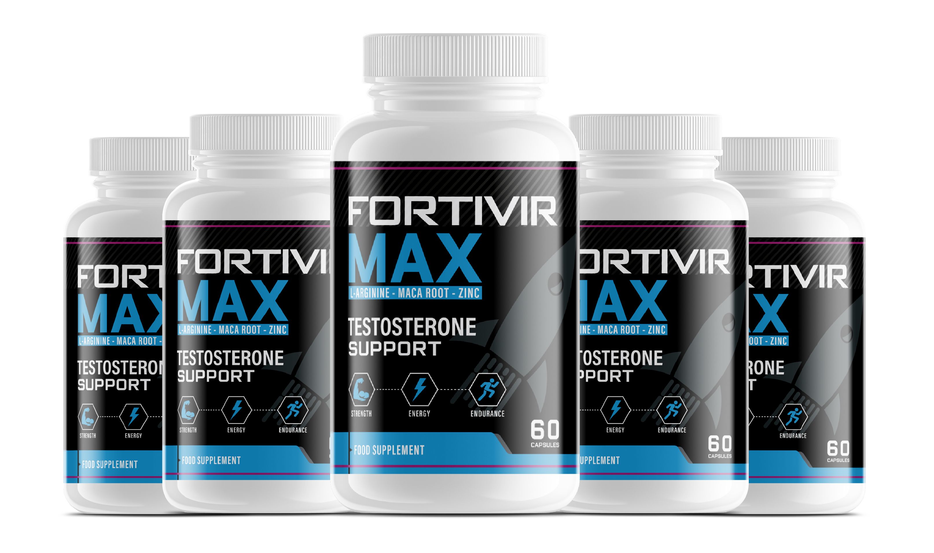 Fünf weiße Behälter mit blauen und schwarzen Etiketten, die "FORTIVIR MAX TESTOSTERONE SUPPORT" zeigen.