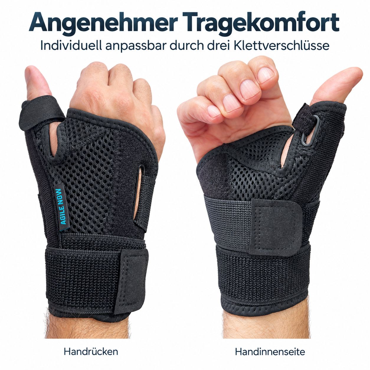AGILE NOW Daumenbandage: Vorder- und Rückansicht. Mesh-Material, Klettverschlüsse für Daumen und Handgelenk.