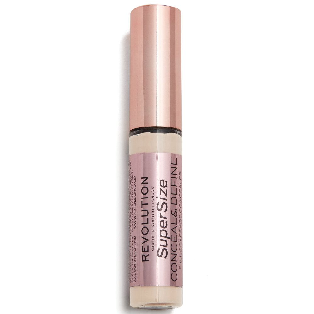 Concealer-Fläschchen mit roségoldenem Deckel. Aufschrift: Makeup Revolution, Super Size Conceal & Define. Vollständige Abdeckung.