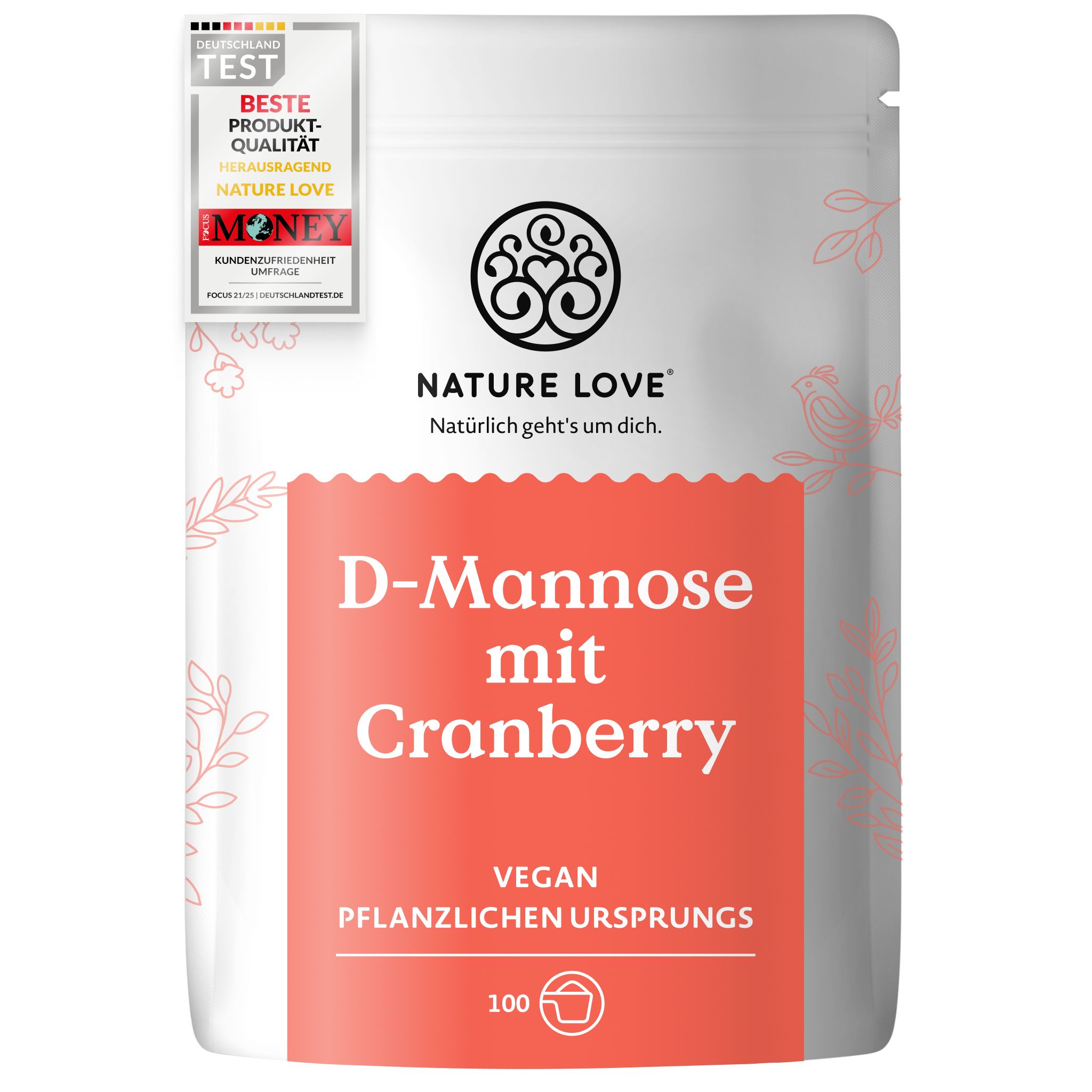 Verpackung D-Mannose mit Cranberry. Vegan, pflanzlich. 100 Portionen. Mit Siegel 'Beste Produktqualität'.