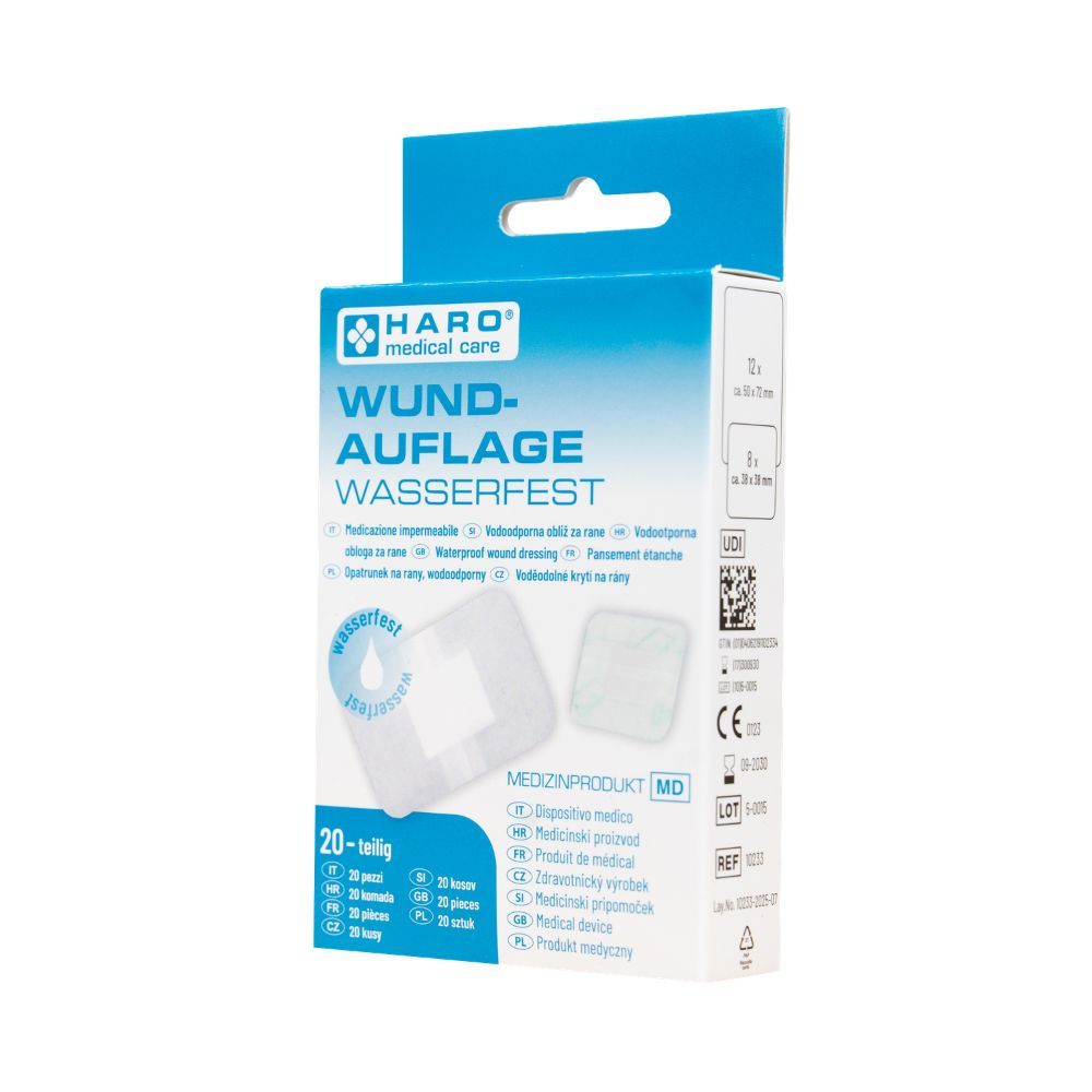 Verpackung von Haro Wundauflage wasserfest. 20 Stück. Medizinprodukt. Quadratische Pflaster auf der Verpackung abgebildet.