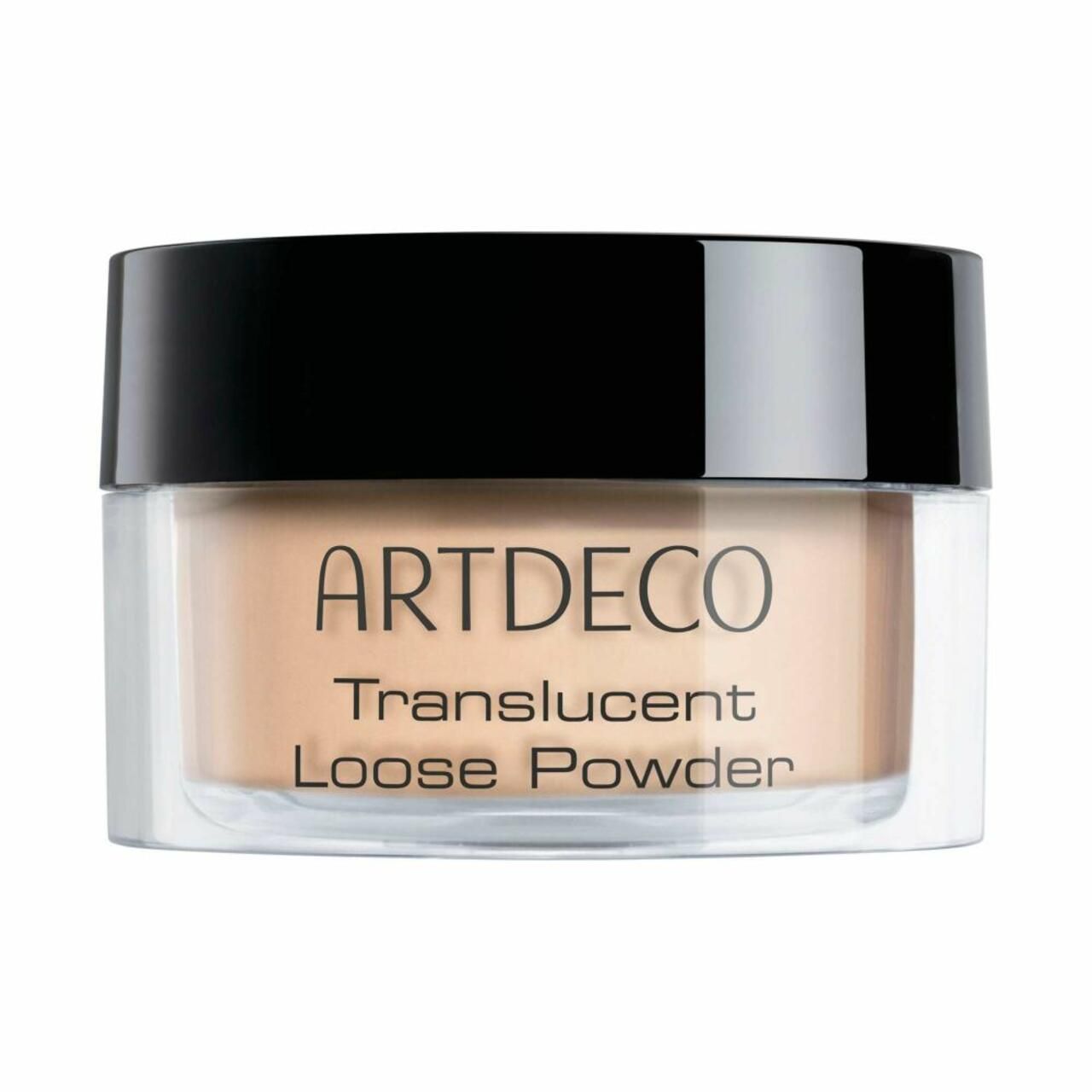 Artdeco Translucent Loose Powder in einem transparenten Behälter mit schwarzem Deckel. Produktname und Marke sind deutlich sichtbar.