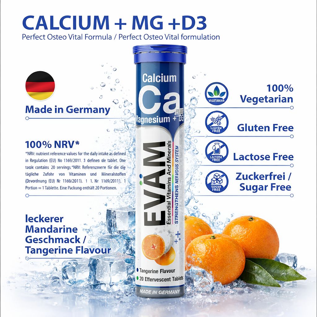 Produkt: EVÄM Calcium + Magnesium + D3. Text: 100% vegetarisch, glutenfrei, laktosefrei, zuckerfrei. Mit Mandarinen und Eiswürfeln.