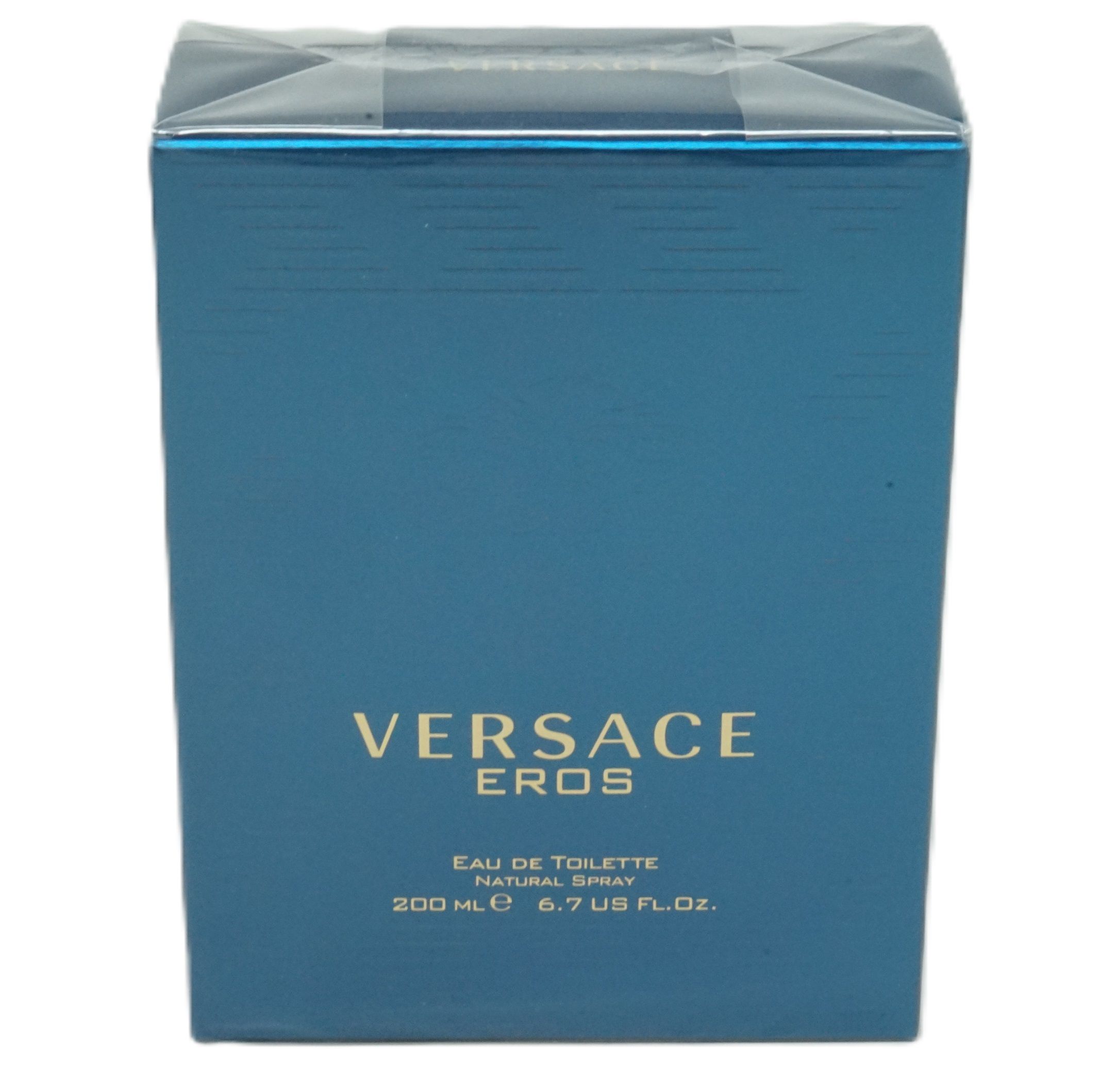 Blau-türkisfarbene Verpackung. Aufschrift: VERSACE EROS, Eau de Toilette, Natural Spray, 200 ml 6.7 US FL. OZ.