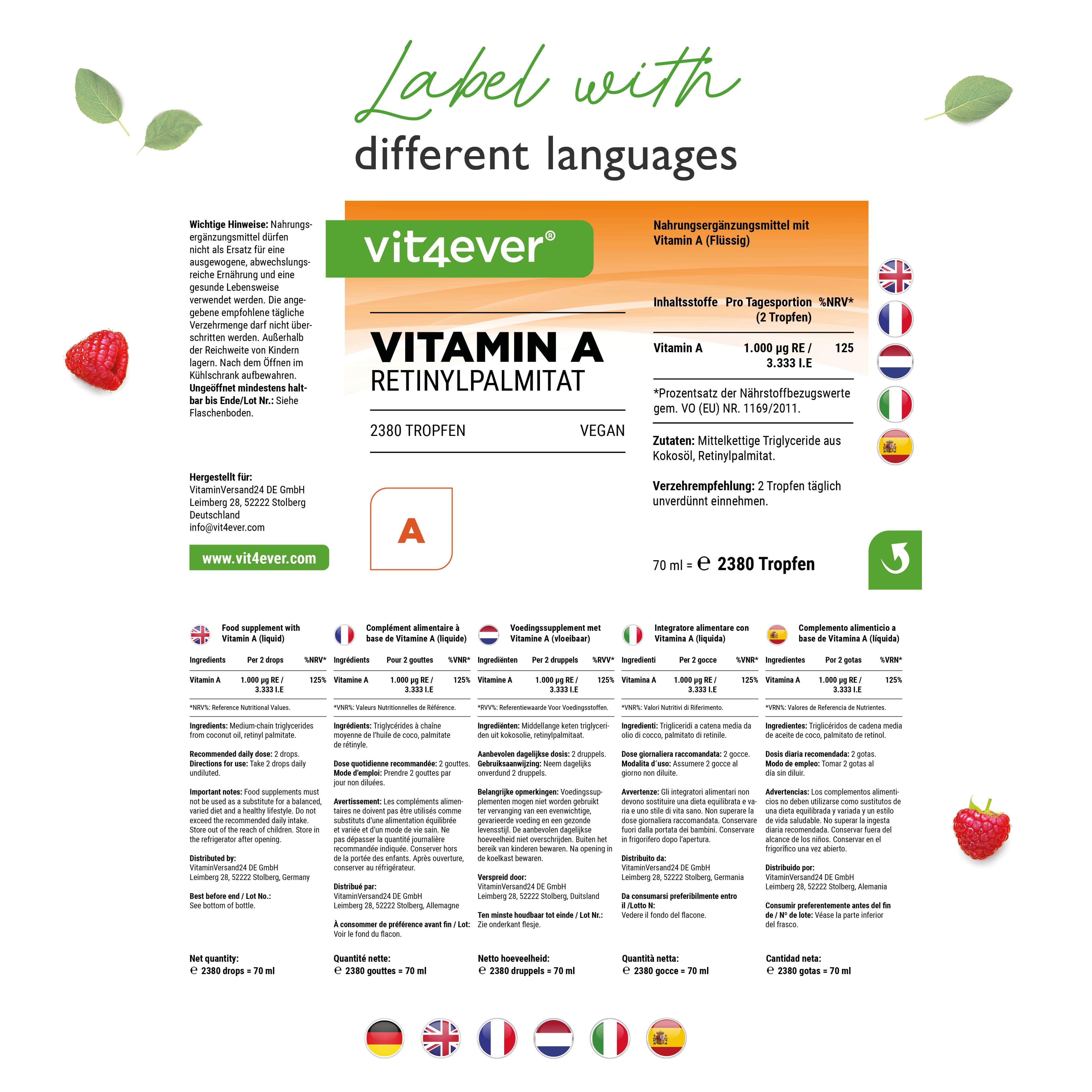 Etikett mit verschiedenen Sprachen. "vit4ever", "Vitamin A Retinylpalmitat", 2380 Tropfen, vegan. Mehrsprachige Informationen.