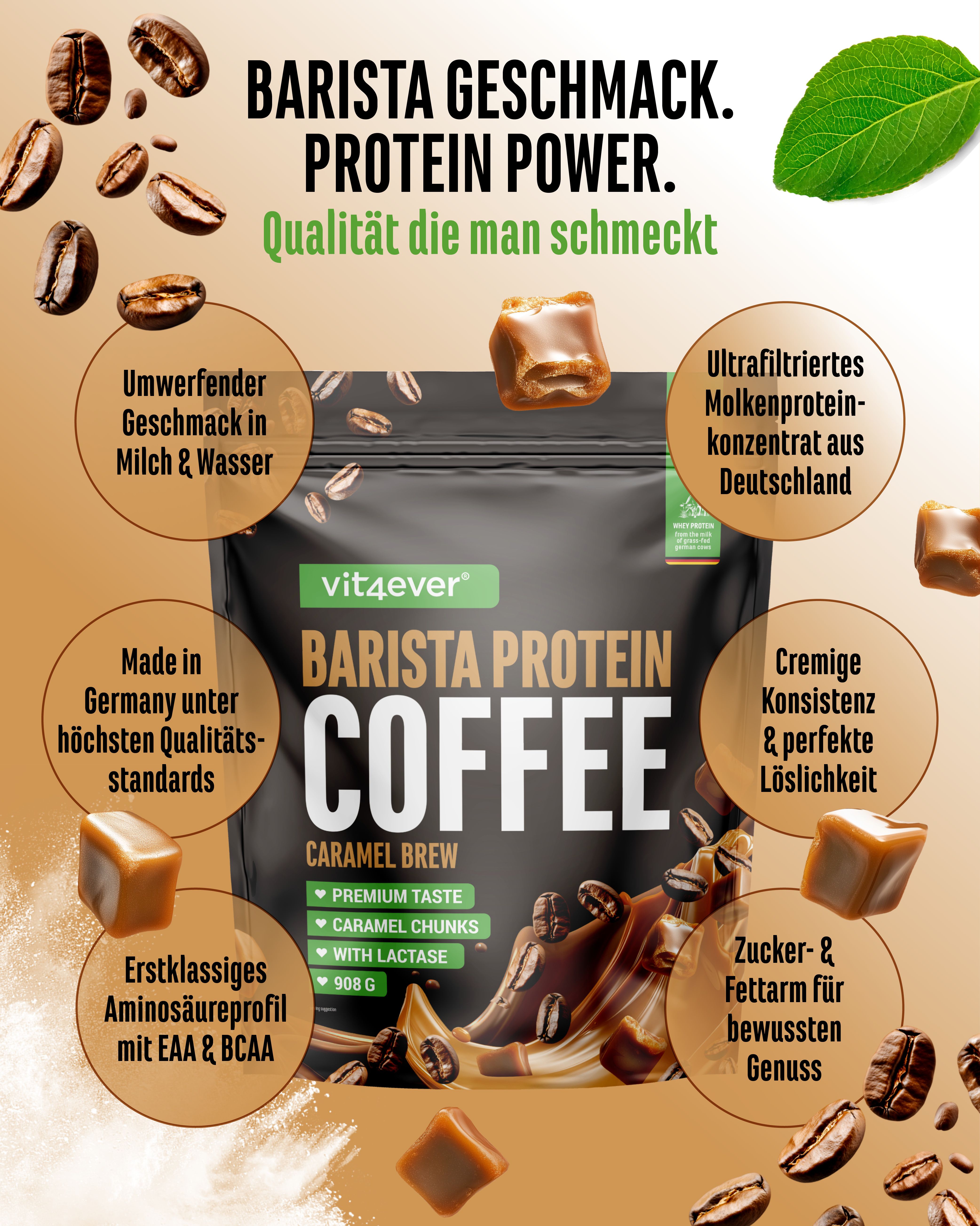 Produktverpackung "vit4ever Barista Protein Coffee". Text: Barista Geschmack. Protein Power. Qualität die man schmeckt. Zusätzliche Informationen.