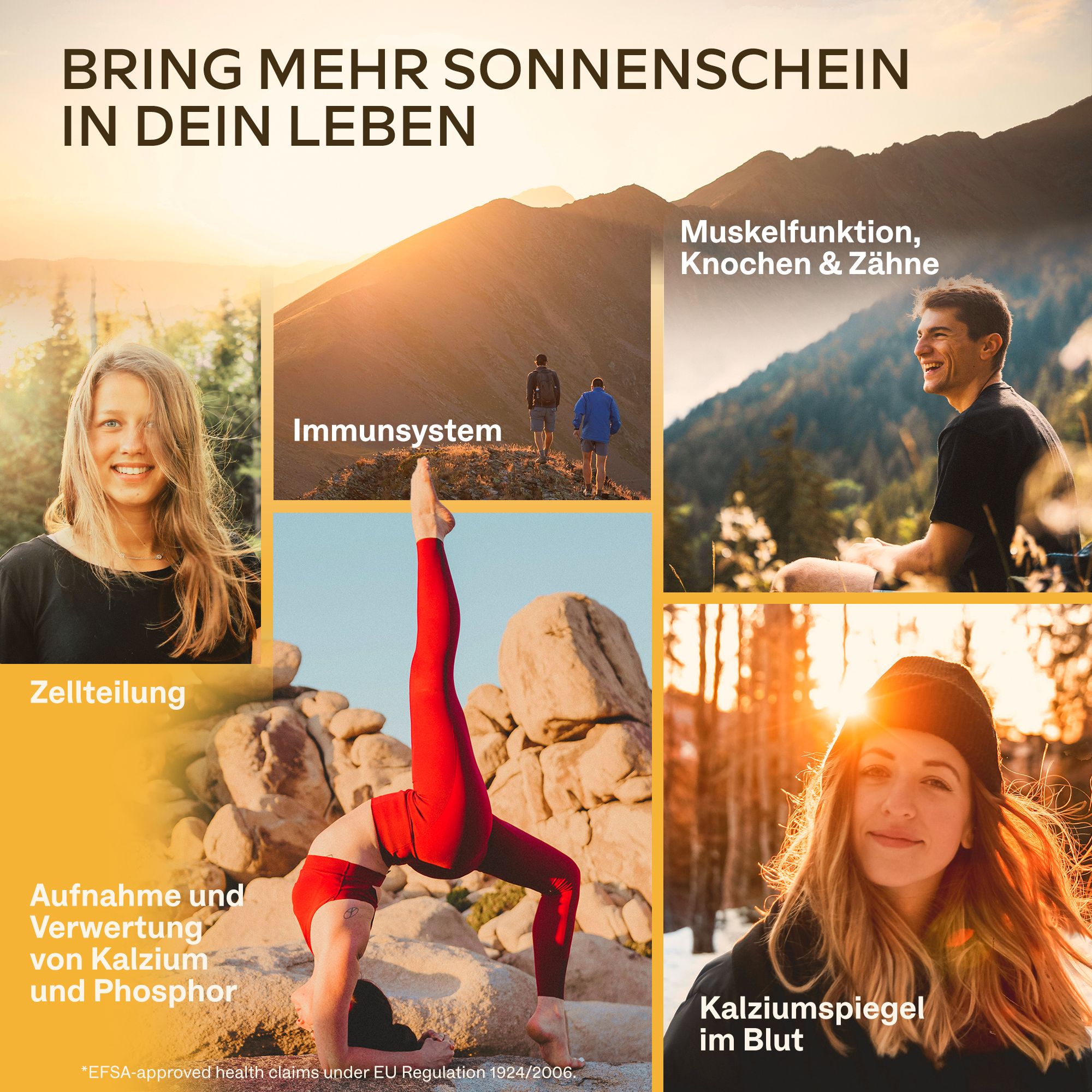 Collage mit Menschen und Text über Immunsystem, Knochen, Kalzium.