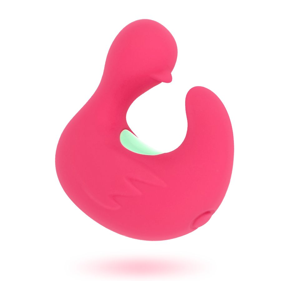Pinker Silikon-Enten-Stimulator mit grünem Akzent. Ergonomisches Design für Komfort.
