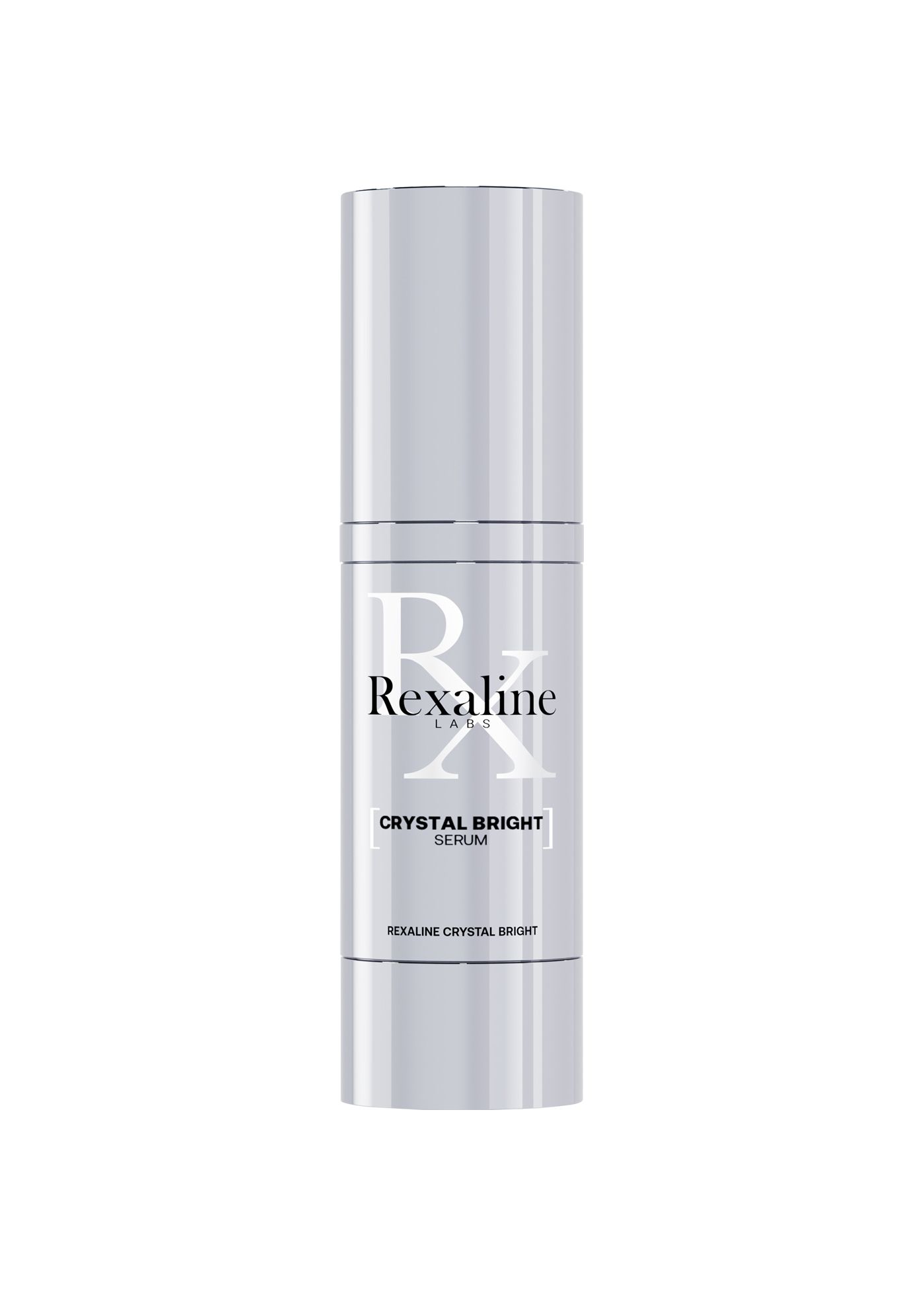 Zylindrische Serumflasche mit Rexaline-Logo und Crystal Bright Serum-Schriftzug. Silberne Kappe.