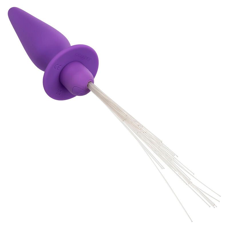Lila Analstecker mit konischer Form, breiter Basis und weißen Fasern. Perspektivische Ansicht.