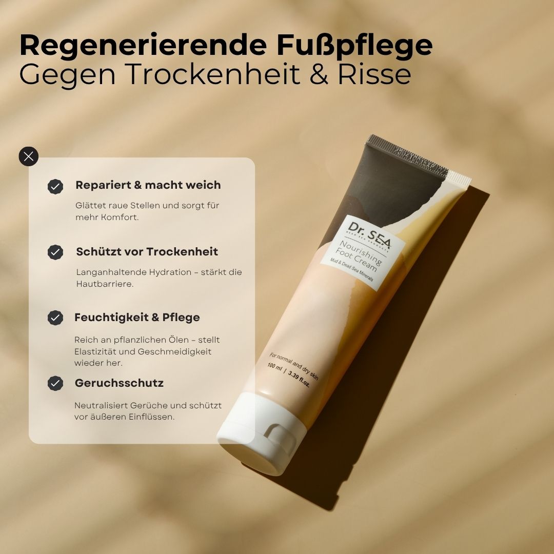 Fußcreme-Tube neben Infografik. Text: „Regenerierende Fußpflege“. Produktname und Marke. Text: „Repariert & macht weich“.