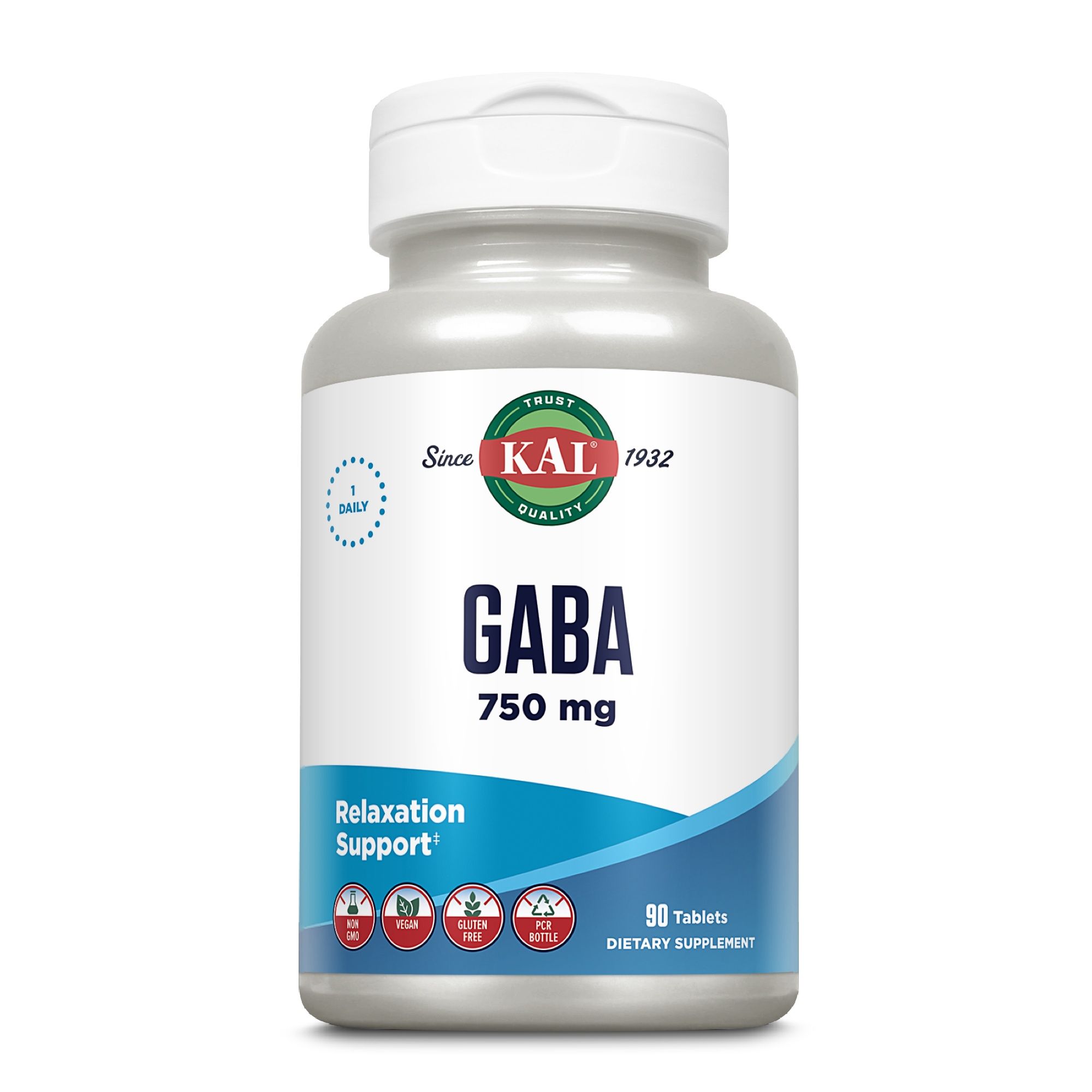 Eine Flasche KAL GABA 750 mg. Aufschrift: GABA 750 mg, Relaxation Support. 90 Tabletten. Logo.