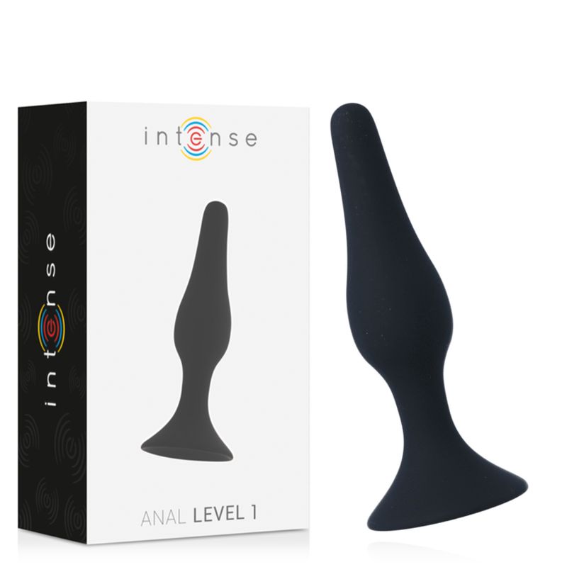 Schwarzer Analplug neben weißer Verpackung. Verpackung mit Logo und Schriftzug "Intense" und "ANAL LEVEL 1".