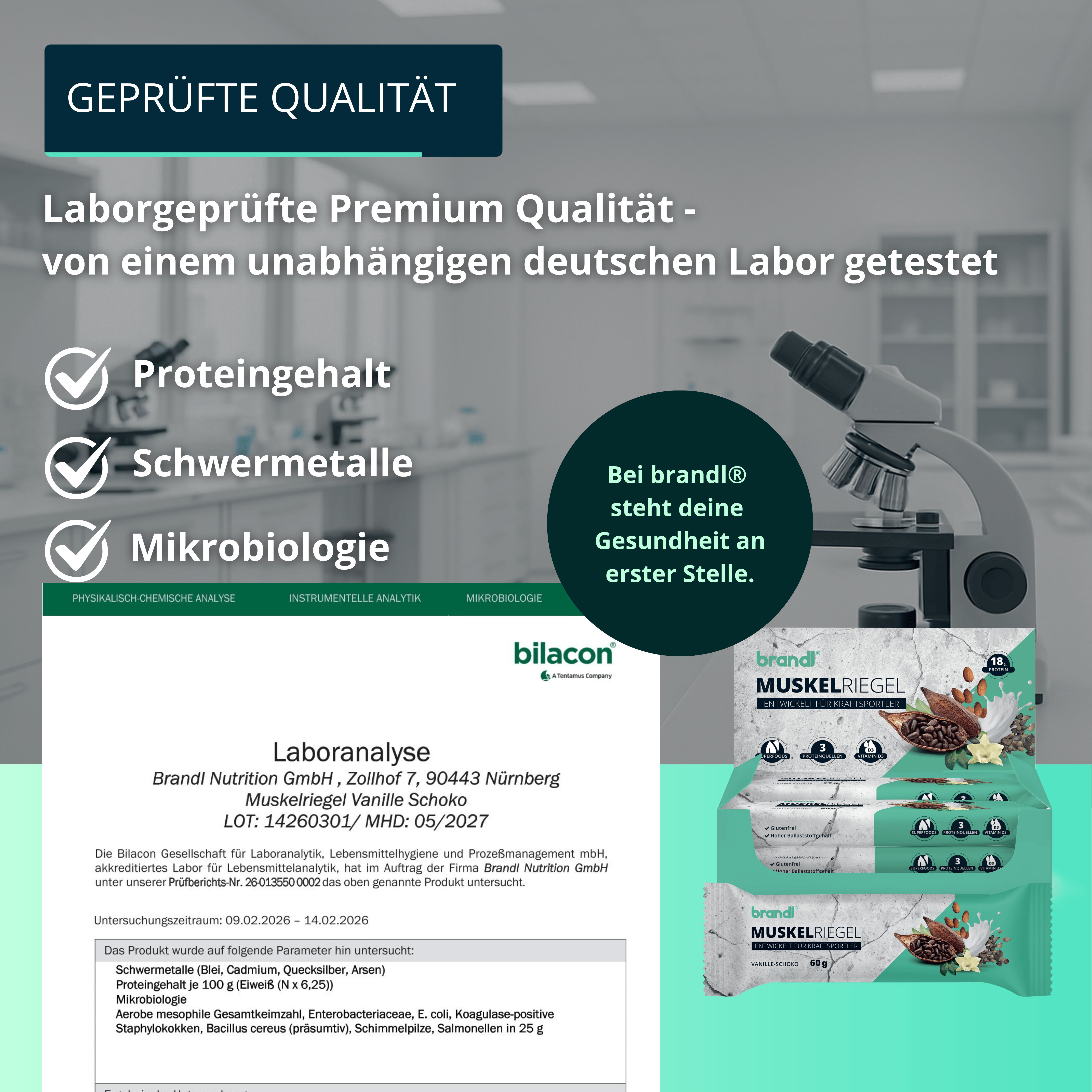 Laborgeprüfte Premium Qualität von brandl® Muskelriegel. Analysebericht mit Proteingehalt, Schwermetalle und Mikrobiologie.