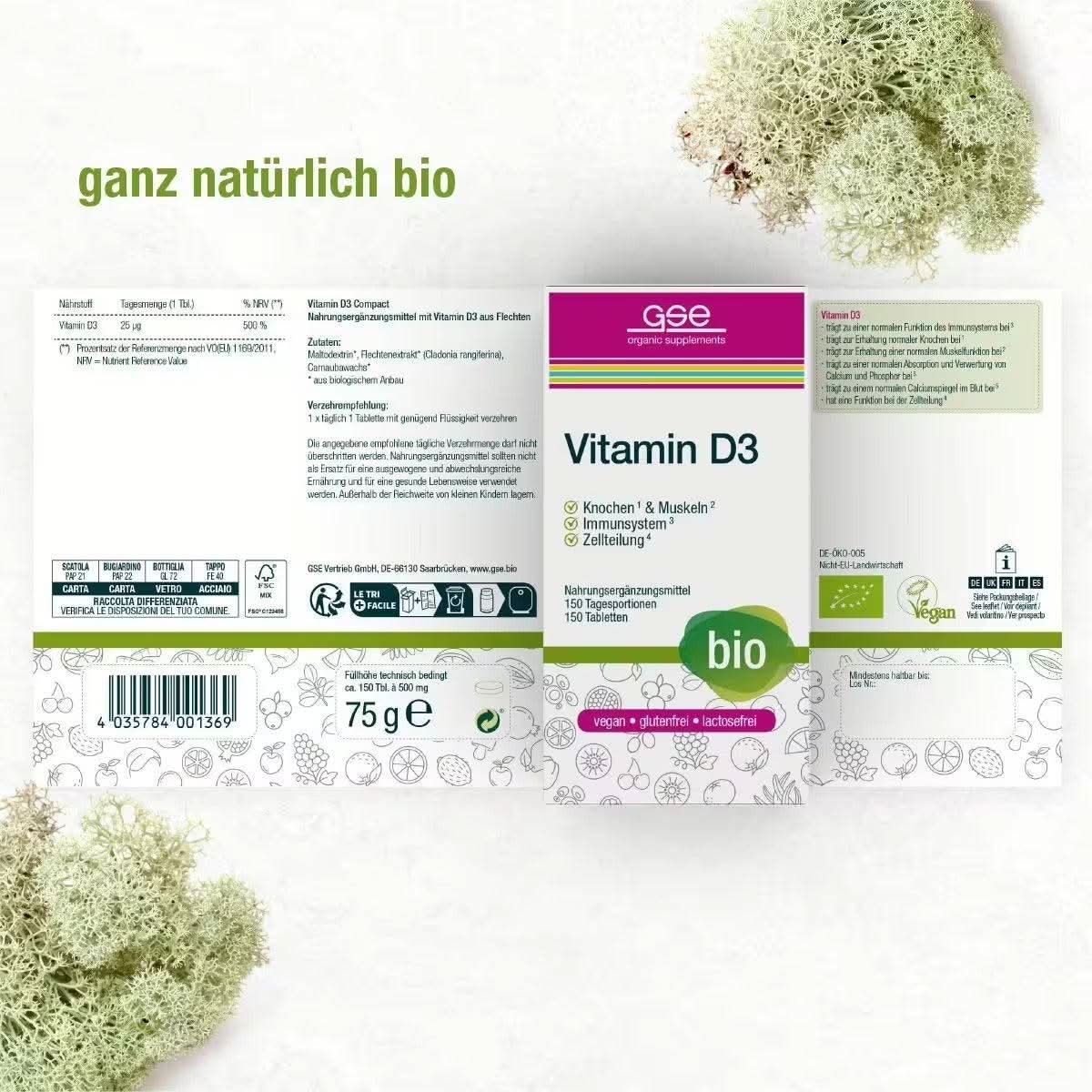 Geöffnete Verpackung mit Vitamin D3. Aufschrift: Vitamin D3, 150 Tabletten, bio. Marke: gse. Bio-Siegel.