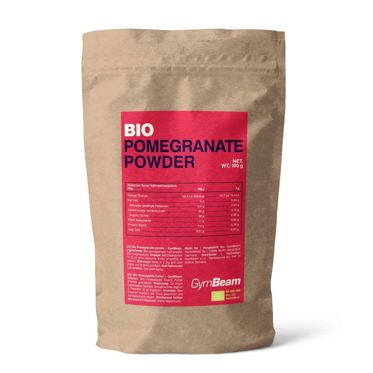 Braune Papiertüte mit rotem Etikett: BIO POMEGRANATE POWDER, Nährwertangaben und GymBeam Logo. Nettogewicht 100g.