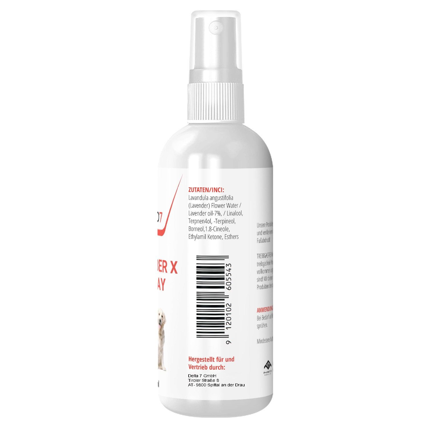 Rückseite der weißen Sprühflasche mit roter Aufschrift MYD7, Knabber X Spray, Barcode, Zutaten/INCI.