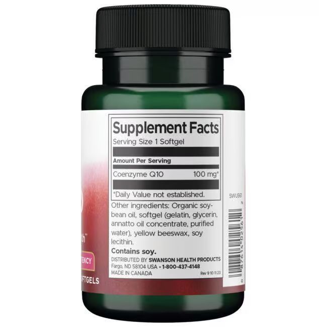 Rückseite der Flasche. Aufschrift: Supplement Facts. Coenzym Q10, 100 mg. Enthält Soja. Hergestellt in Kanada.
