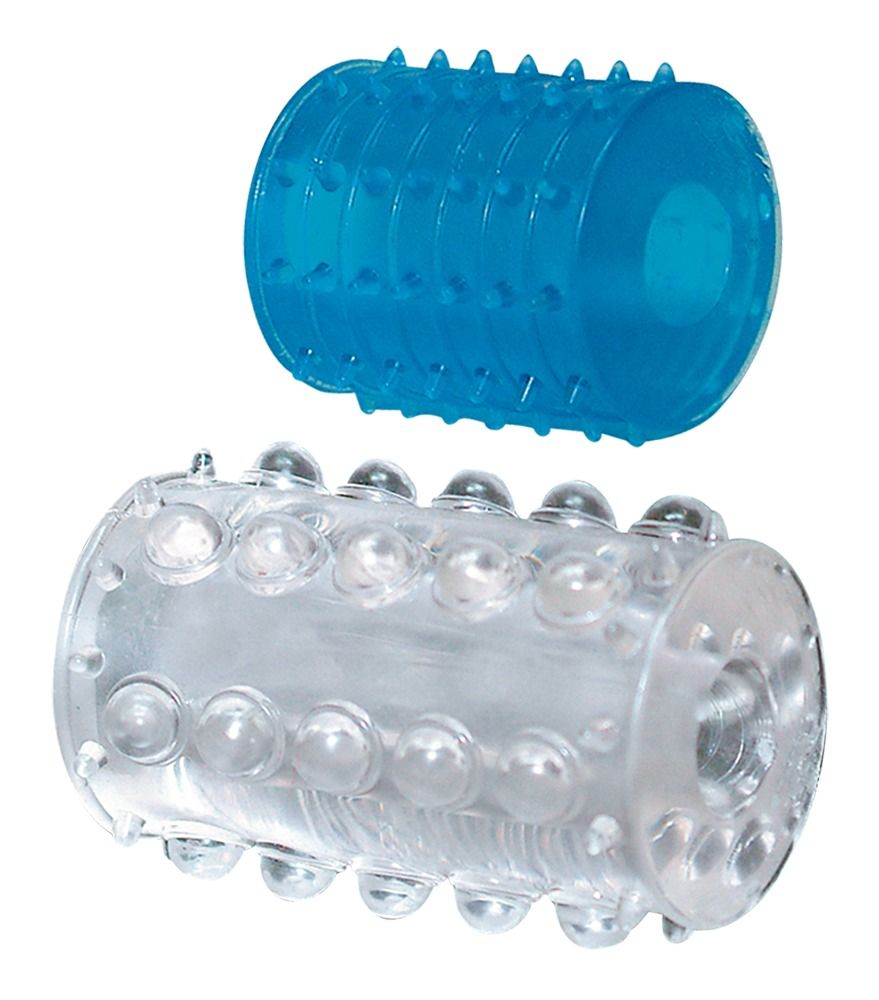 Zwei zylindrische Ringe. Oben: blau mit Noppen. Unten: transparent mit Noppen.