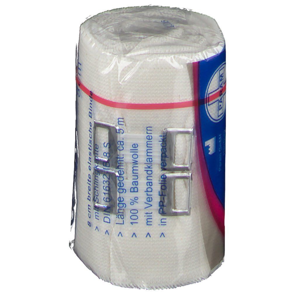 Elastische Binde PARAM Idealbinde S, 8 cm breit, in Zellglas verpackt. Mit Klammern. Aufschrift: 8 cm, 100% Baumwolle.