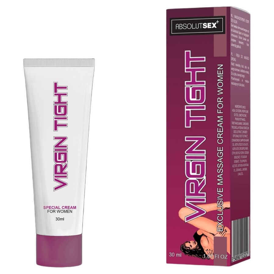 Tube und Verpackung. Aufschrift: VIRGIN TIGHT, ABSOLUT SEX. Creme für Frauen. 30ml. Abbildung einer Frau.