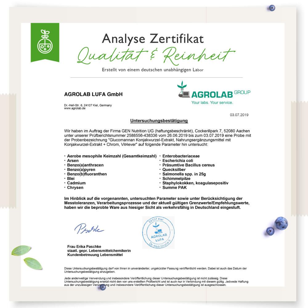 Zertifikat von AGROLAB LUFA GmbH. Analyse von Glucomannan Konjakwurzel-Extrakt. Ergebnisse zu Verunreinigungen und Reinheit.