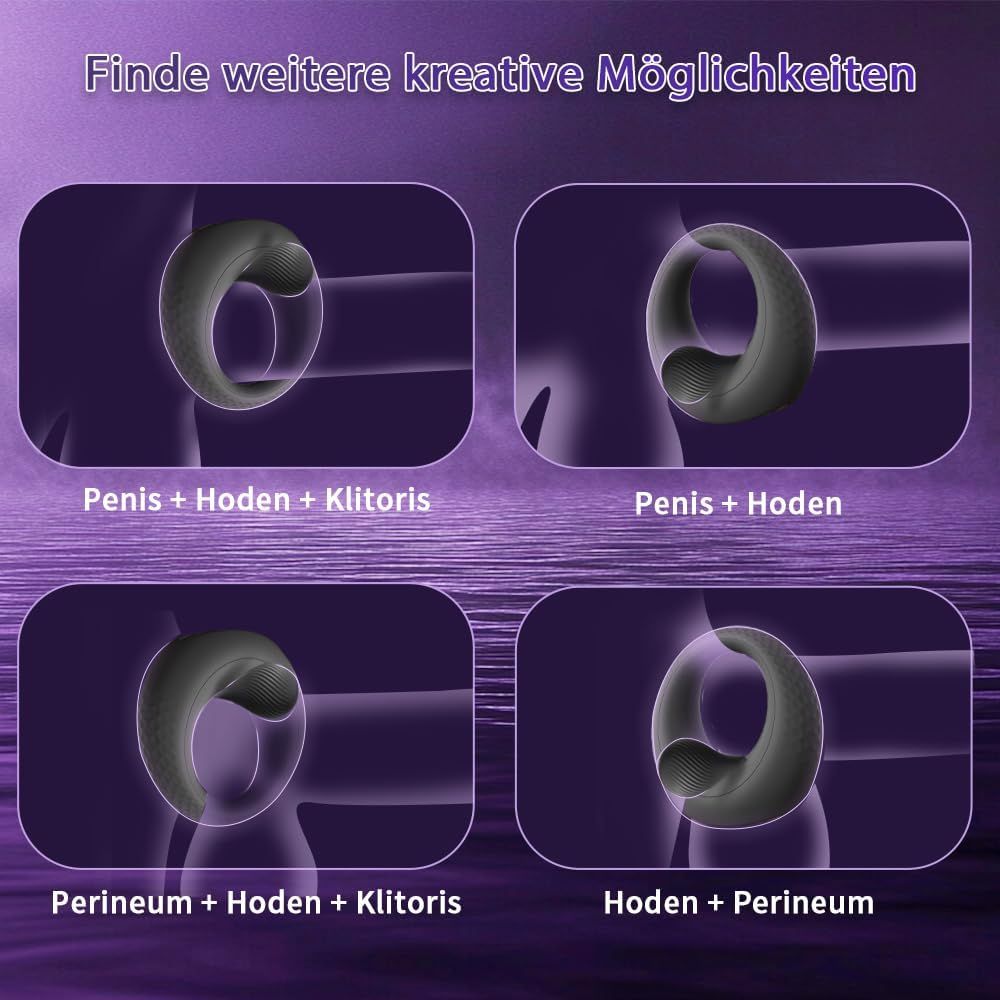 Schwarzer Penisring mit Perlen, vier Varianten. Lila Hintergrund. Text: Penis + Hoden + Klitoris, Penis + Hoden, etc.