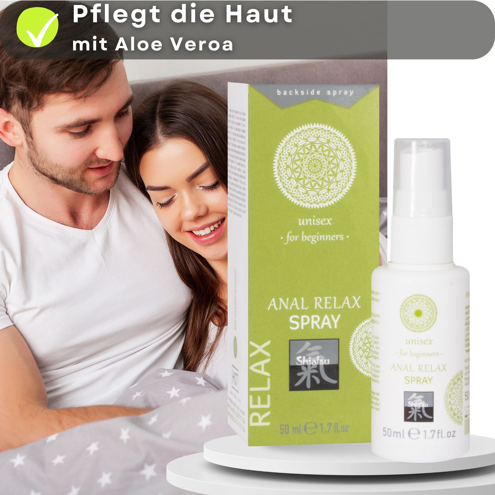 Produkt und Verpackung. Text: ANAL RELAX SPRAY, unisex, Shiatsu. 50 ml. Paar im Bett.