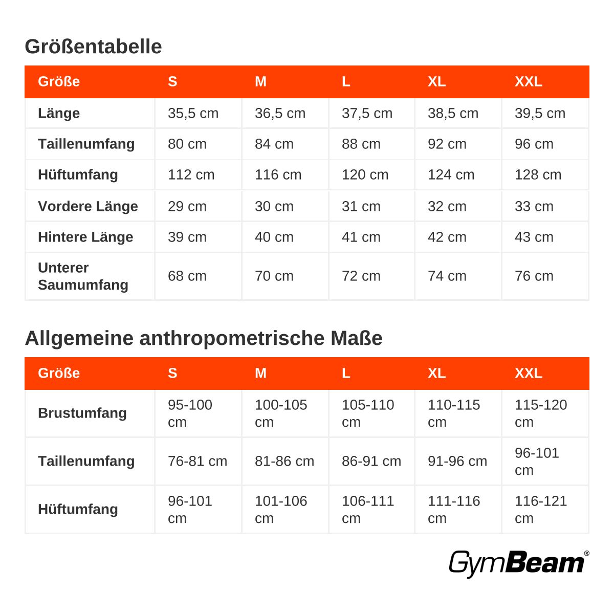 Größentabelle für Laufshorts: Maße in cm für Größe S bis XXL.