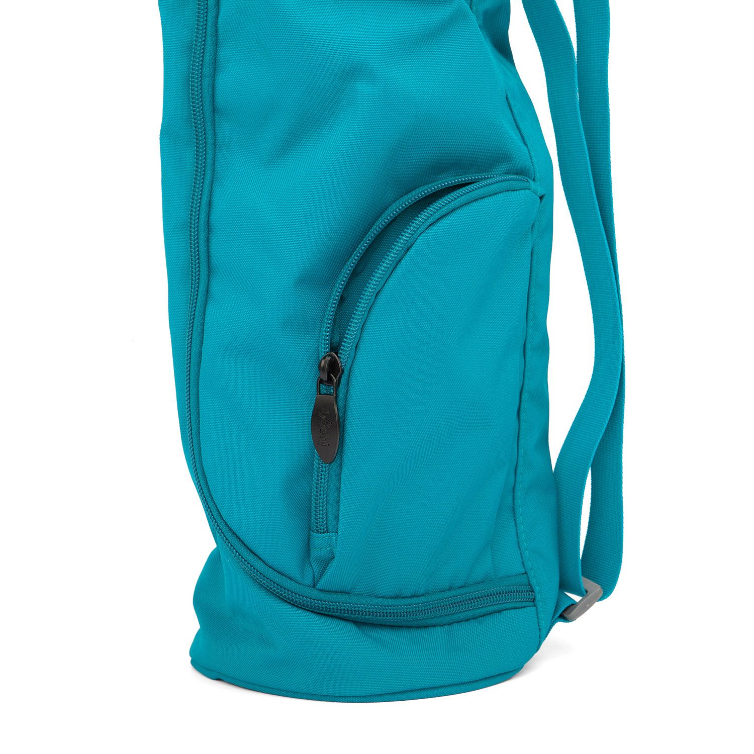 Detailansicht der türkisfarbenen Yogamatten-Tasche. Reißverschluss-Tasche an der Seite. Stoff.