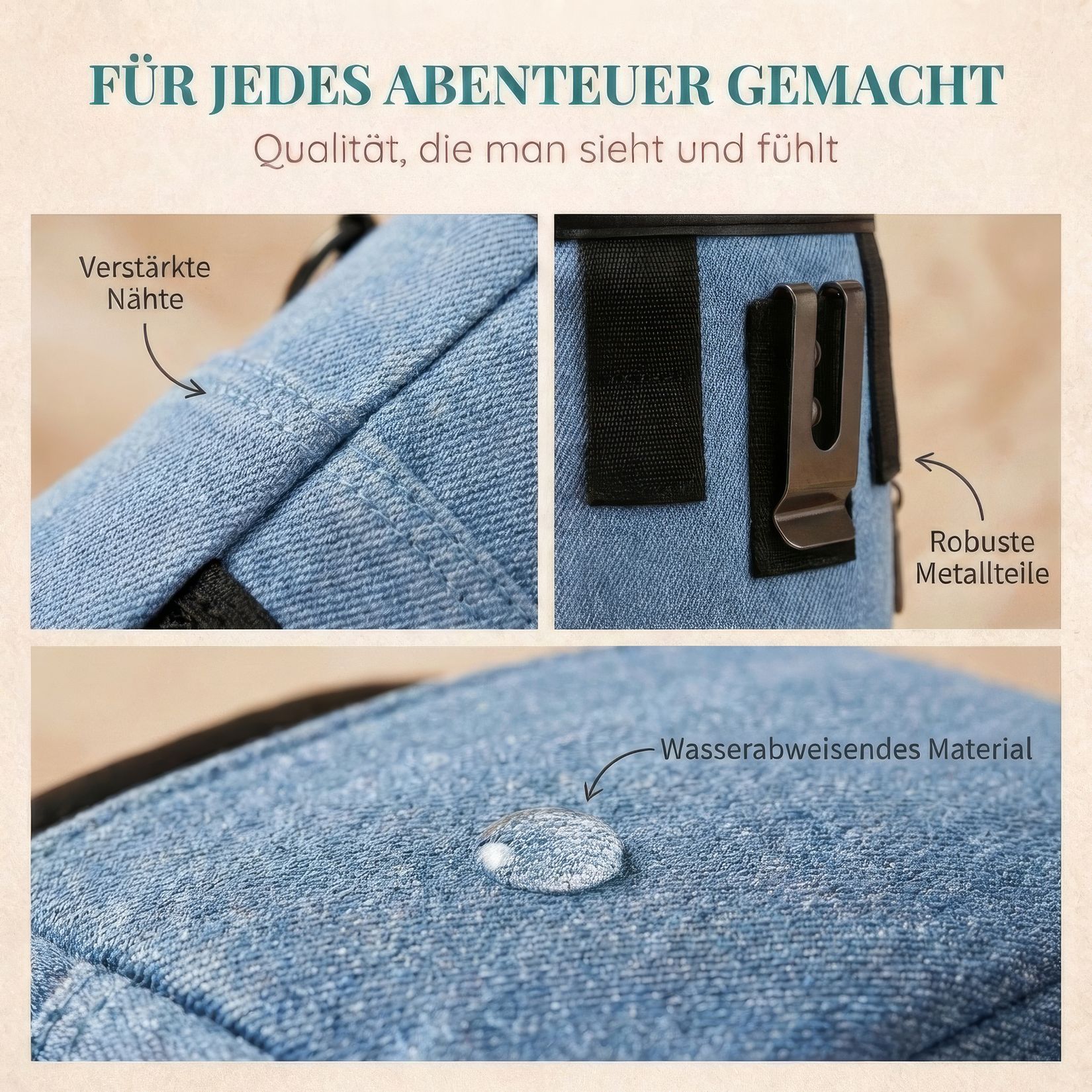 Nahaufnahme des blauen Leckerlibeutels mit verstärkten Nähten, robusten Metallteilen und wasserabweisendem Material.