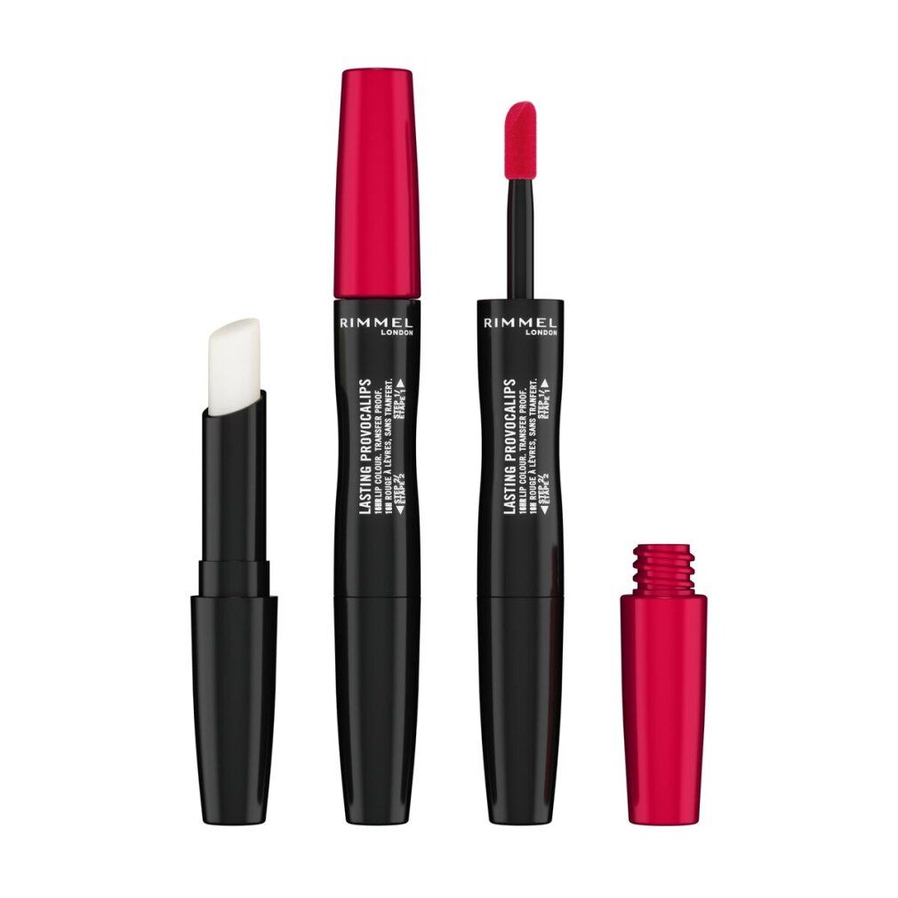 Rimmel London Lasting Provocalips. Schwarzer Behälter mit roter Kappe und Lippenstift. Ein Lippenbalsam und ein Applikator sind ebenfalls abgebildet.