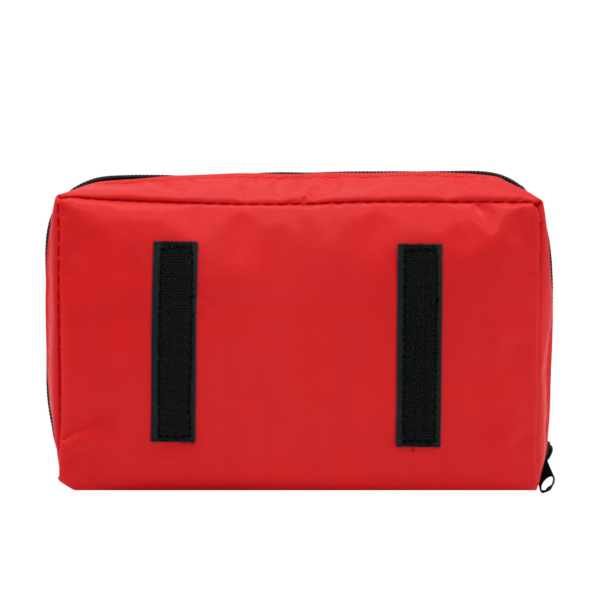 Rote KFZ-Verbandtasche, Rückseite mit zwei schwarzen Klettverschlüssen zur Befestigung im Auto.