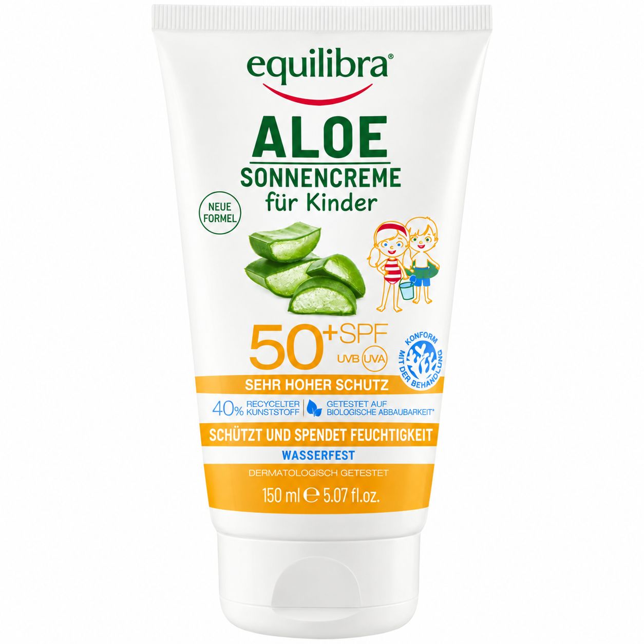 Tube Sonnenschutzcreme für Kinder mit Aloe Vera und LSF 50+.