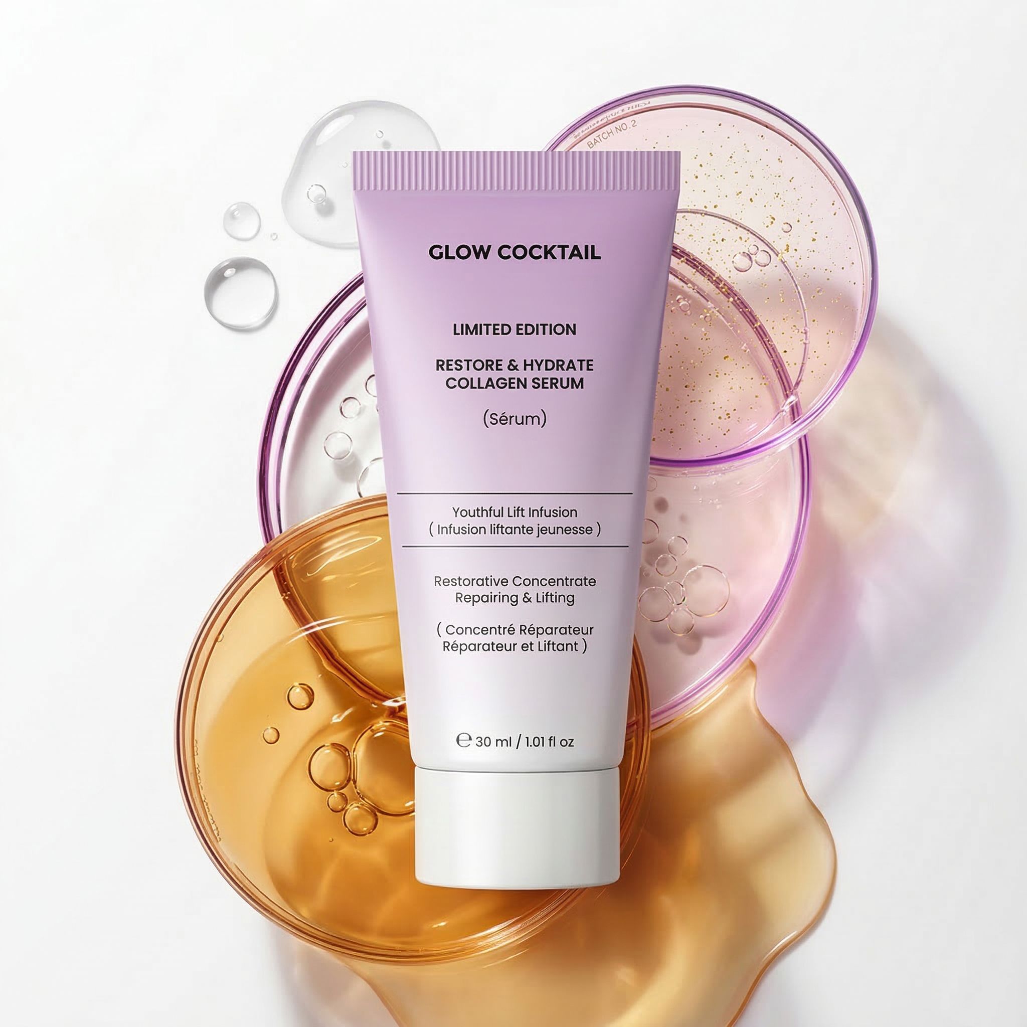 Eine hellviolette Tube mit "Glow Cocktail Restore & Hydrate Collagen Serum" Aufschrift, auf Petrischalen mit Flüssigkeit.