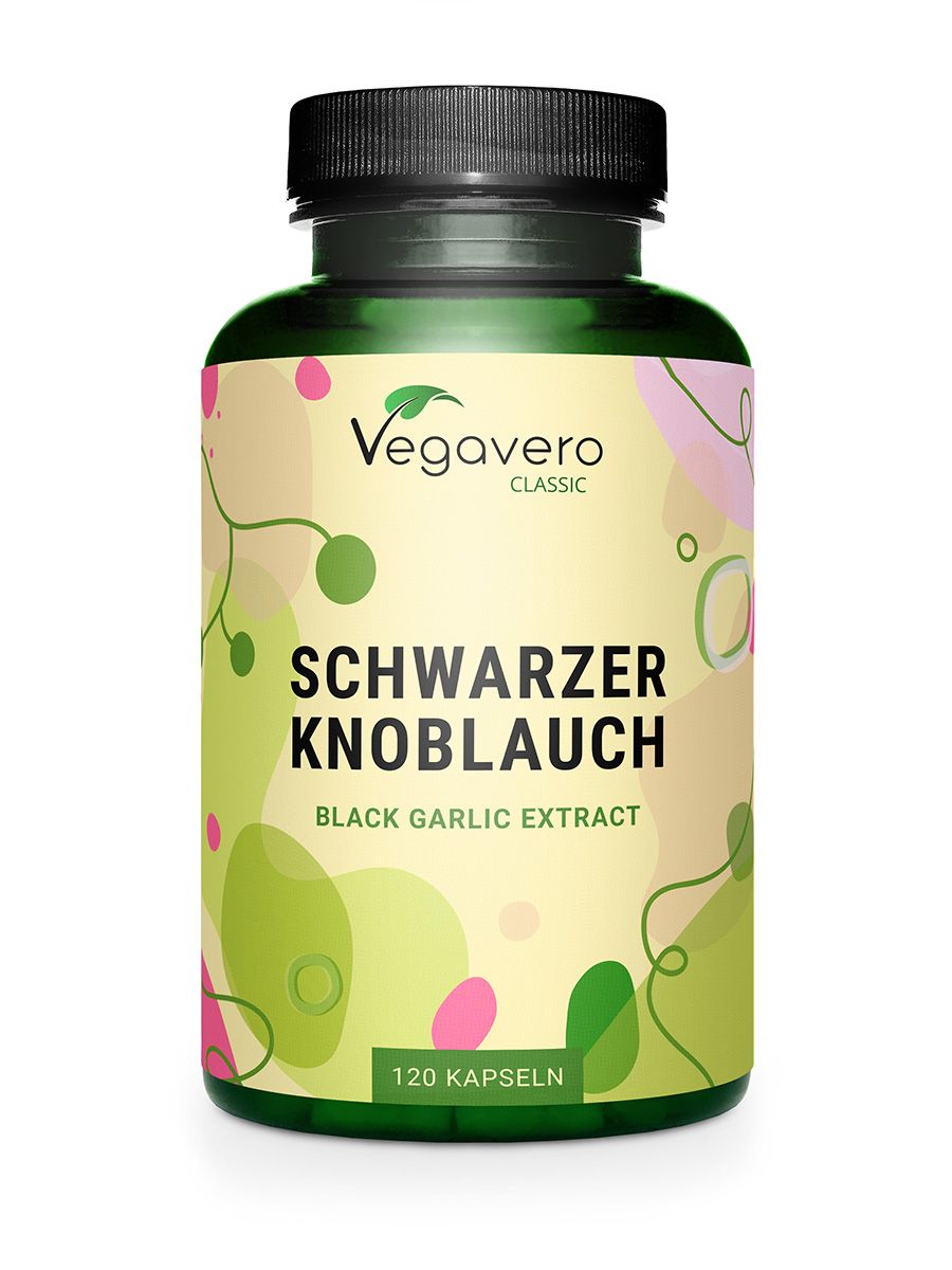 Grüne Glasflasche mit schwarzem Deckel. Aufschrift: Schwarzer Knoblauch, 120 Kapseln. Marke: Vegavero.