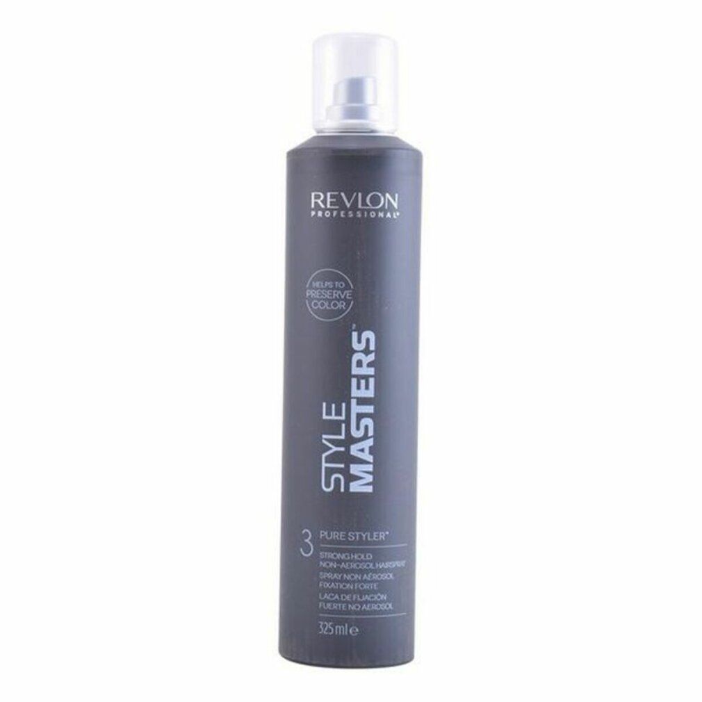 Graue Sprühflasche mit weißem Sprühkopf. Aufschrift: Revlon Professional, Style Masters, Pure Styler, Strong Hold. Enthält 325 ml.