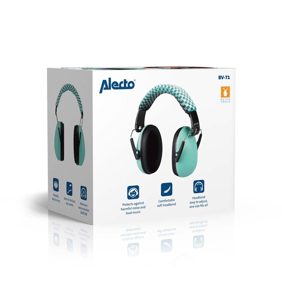 Verpackung mit Gehörschutz. Türkise Ohrmuscheln, grün-weißes Karomuster. Alecto-Logo, Produktname, Icons.