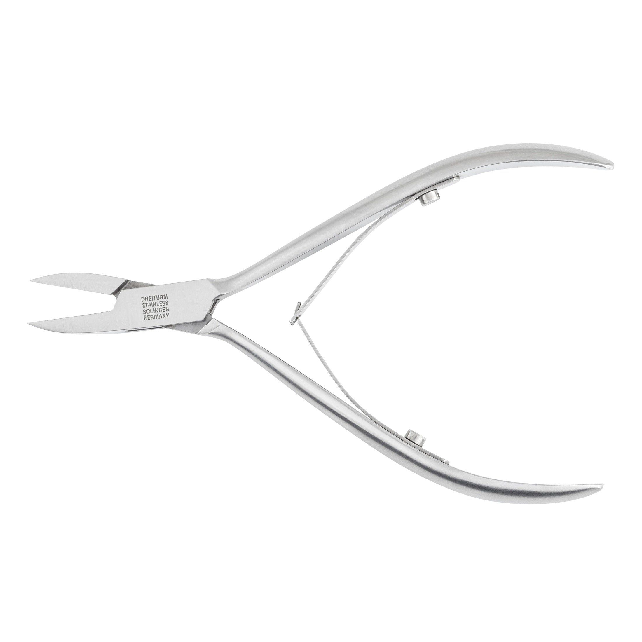 Nagelzange aus Metall. Sichtbar: DREITURM, Solingen, Germany. Spitze, gebogene Form. Gelenk mit Feder.
