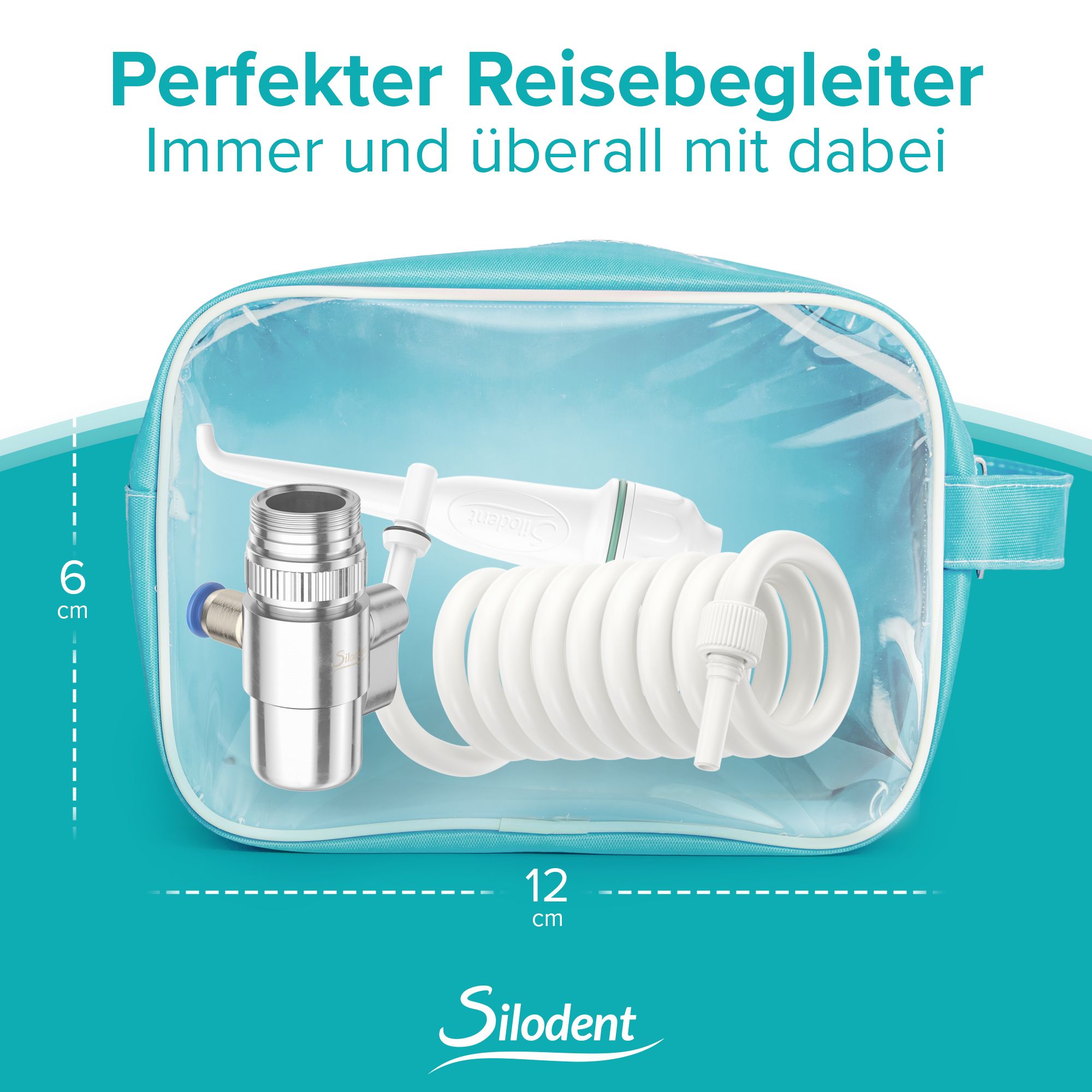 Transparente Tasche mit Munddusche, Adapter und Schlauch. Maße: 6 cm hoch, 12 cm breit. Text: Perfekter Reisebegleiter. Silodent Logo.